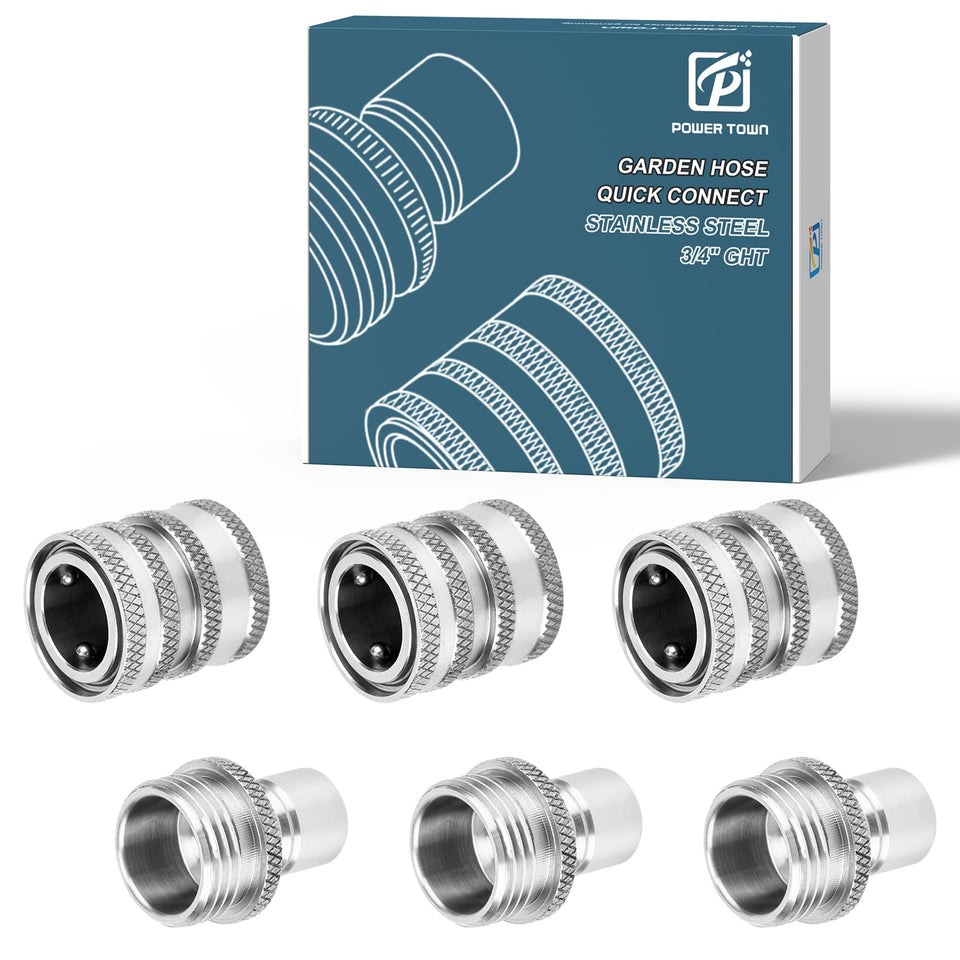 POWER TOWN quick-connect hose fittings for fast, secure connections on any standard hose.