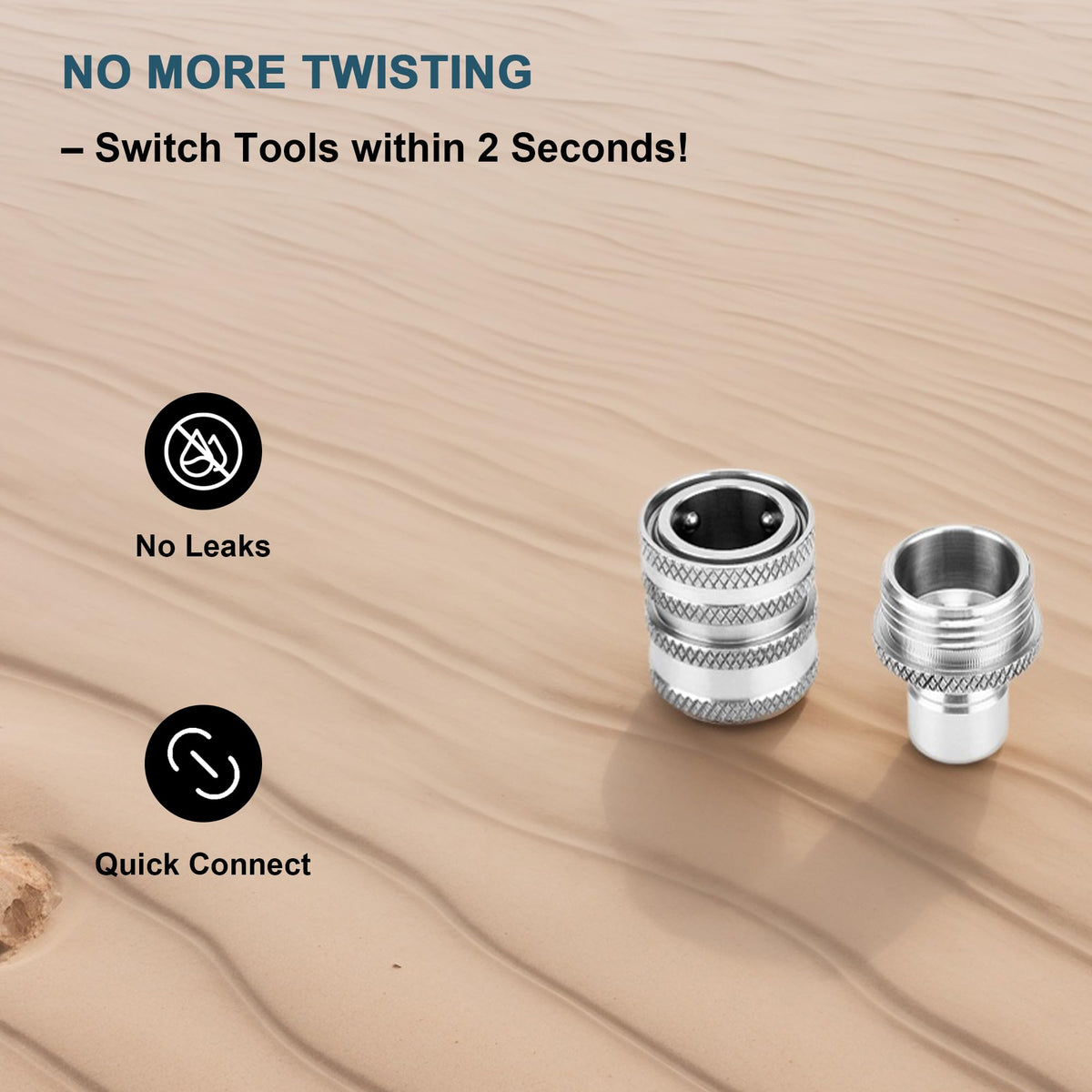 POWER TOWN stainless steel quick-connect showing durable, rust-resistant build.