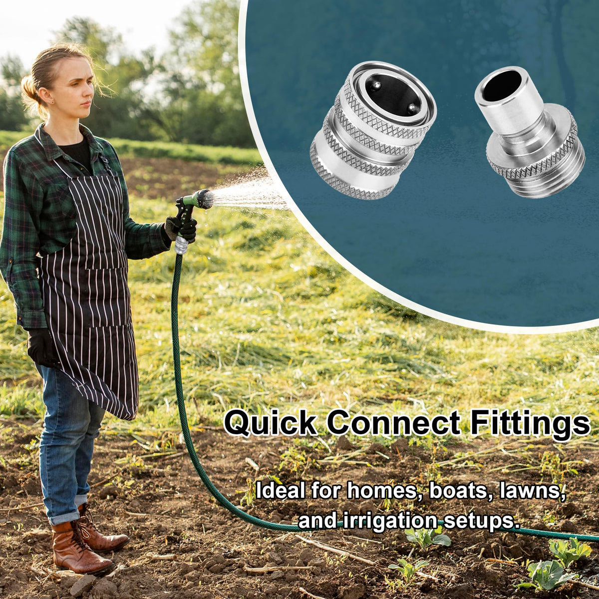 POWER TOWN three-quarter inch GHT fit connectors on a garden hose.