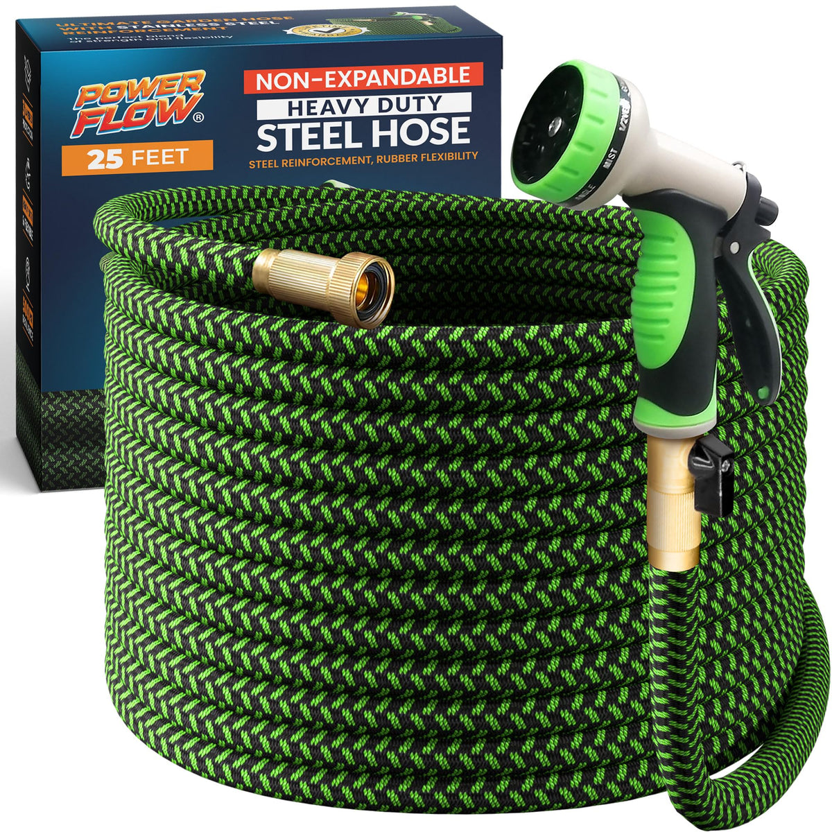 POWERFLOW garden hose 25ft stainless-steel-core demonstrates durability for frequent watering.