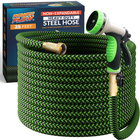 POWERFLOW garden hose 25ft stainless-steel-core demonstrates durability for frequent watering.
