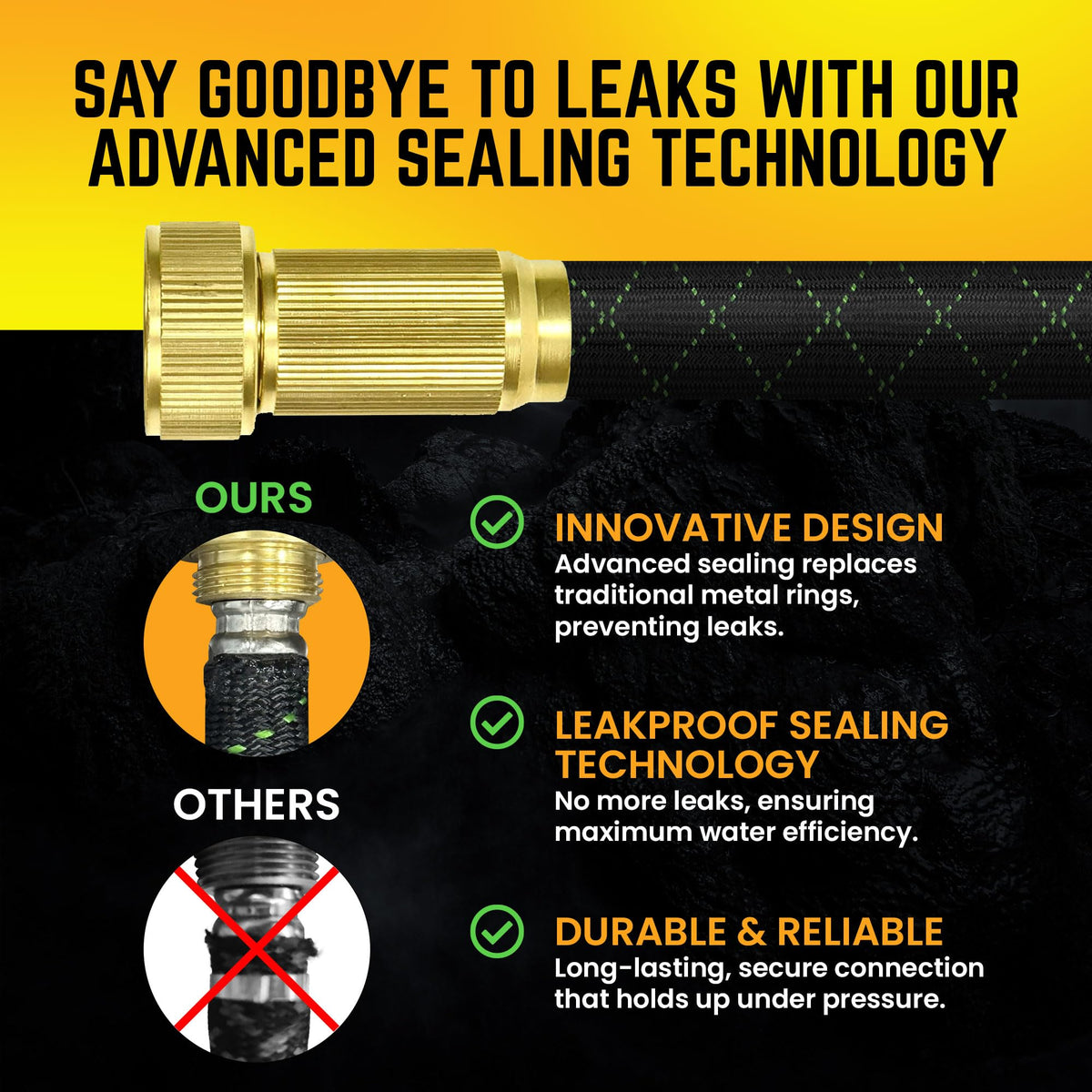 PowerFlow hose with fabric skin adds protection against kinks and punctures during use.