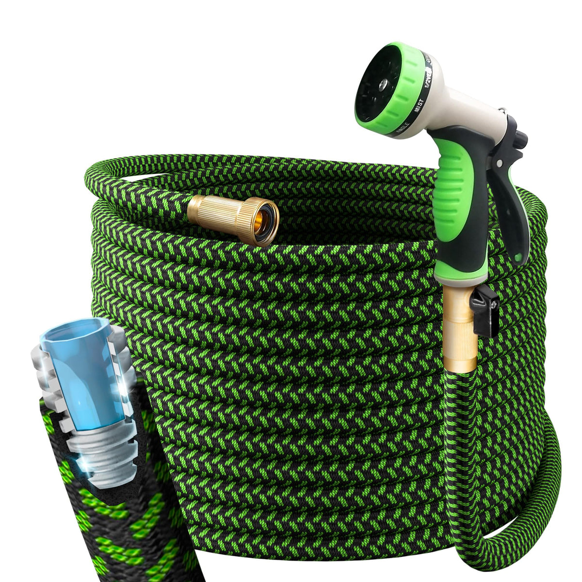POWERFLOW garden hose green close-up highlights rugged construction.