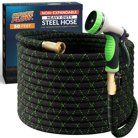 PowerFlow garden hose with metal core provides durable, leak-free watering for outdoor gardens.