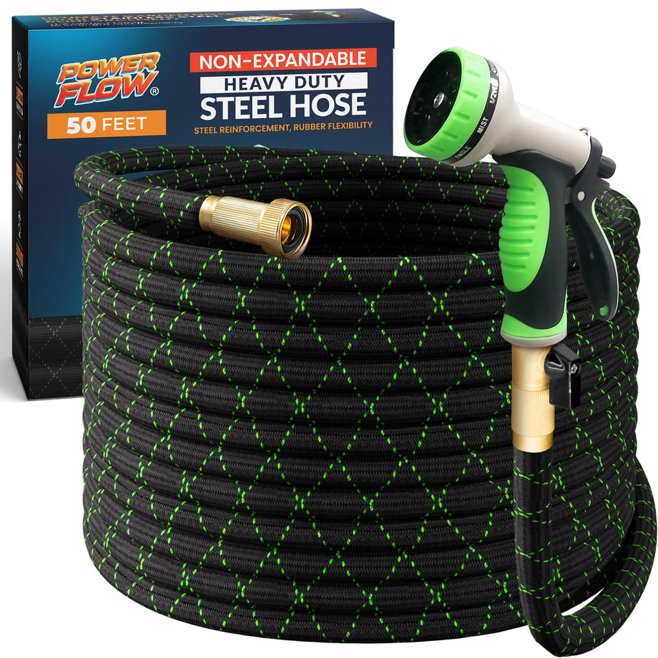 PowerFlow garden hose with metal core provides durable, leak-free watering for outdoor gardens.