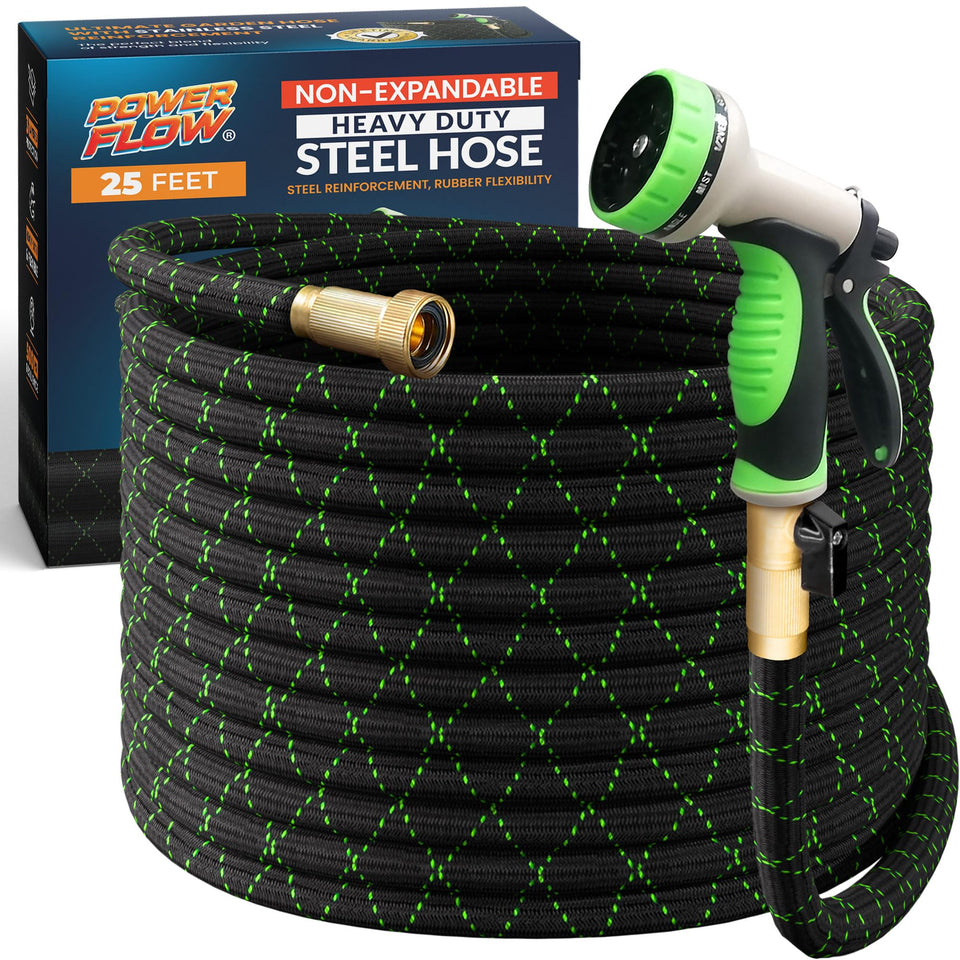 PowerFlow garden hose with stainless steel core for lasting durability.