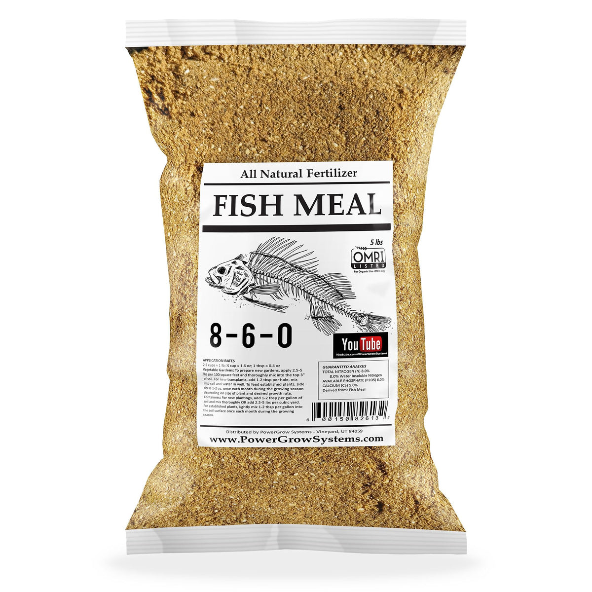 PowerGrow Fish Meal bag front promotes soil nourishment and early plant vigor