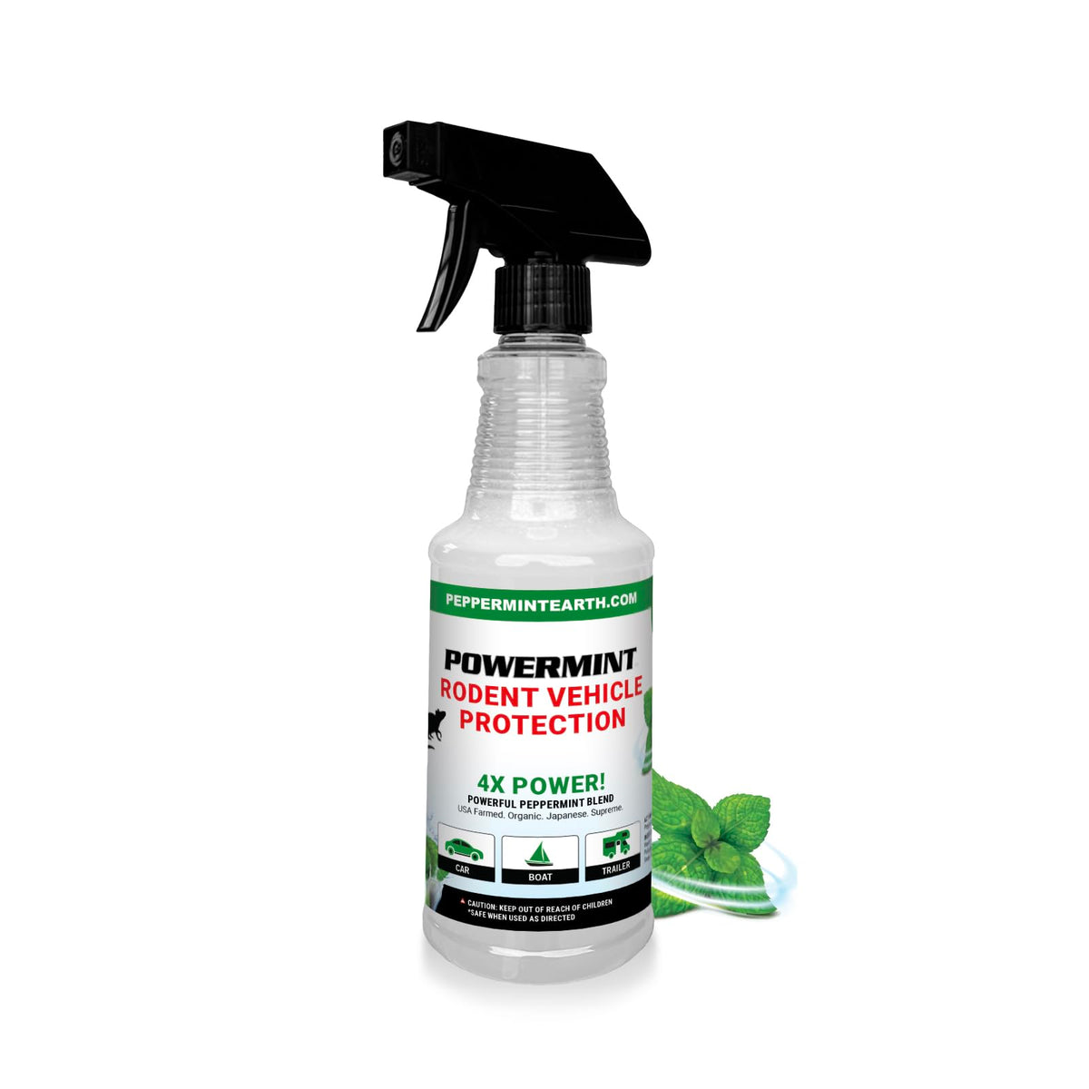 Powermint Peppermint Rodent Protection Spray bottle repels rodents and protects vehicle interiors