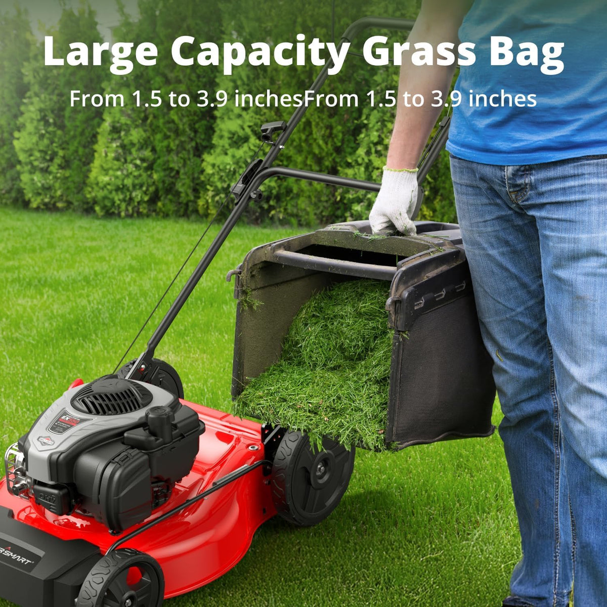 PowerSmart 3-in-1 system supports bagging, mulching, or rear discharge.
