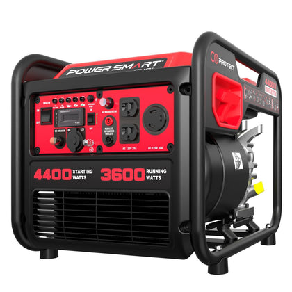 PowerSmart 4400W portable inverter generator front view, ideal for home backup power.