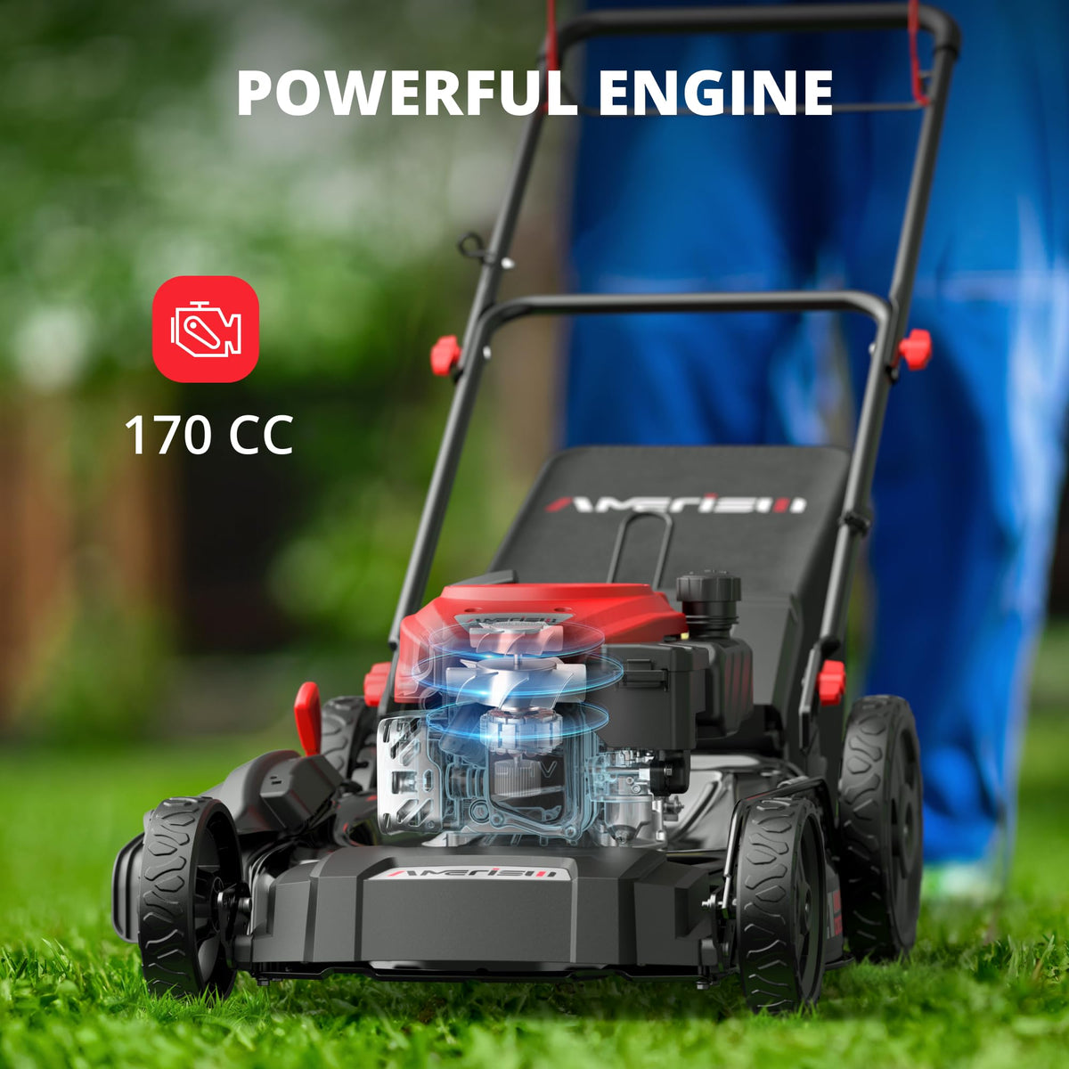 PowerSmart Amerisun 21in foldable handle enables easy storage after mowing.