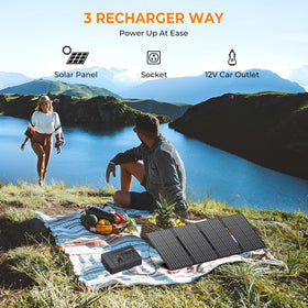 Powkey 146Wh portable power station fits in a backpack for easy travel.