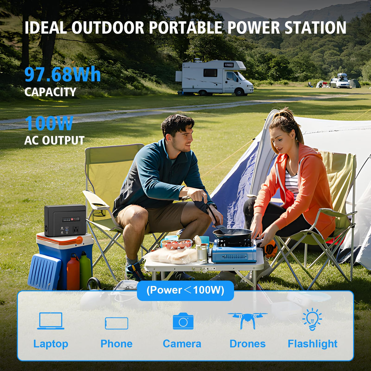 Powkey portable power station 97Wh compact for backpacking and travel.