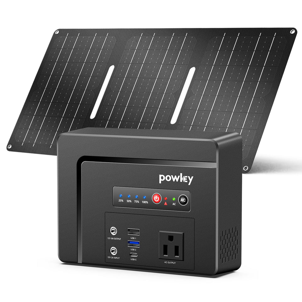 Powkey solar generator with panel included for off-grid charging on outdoor trips.