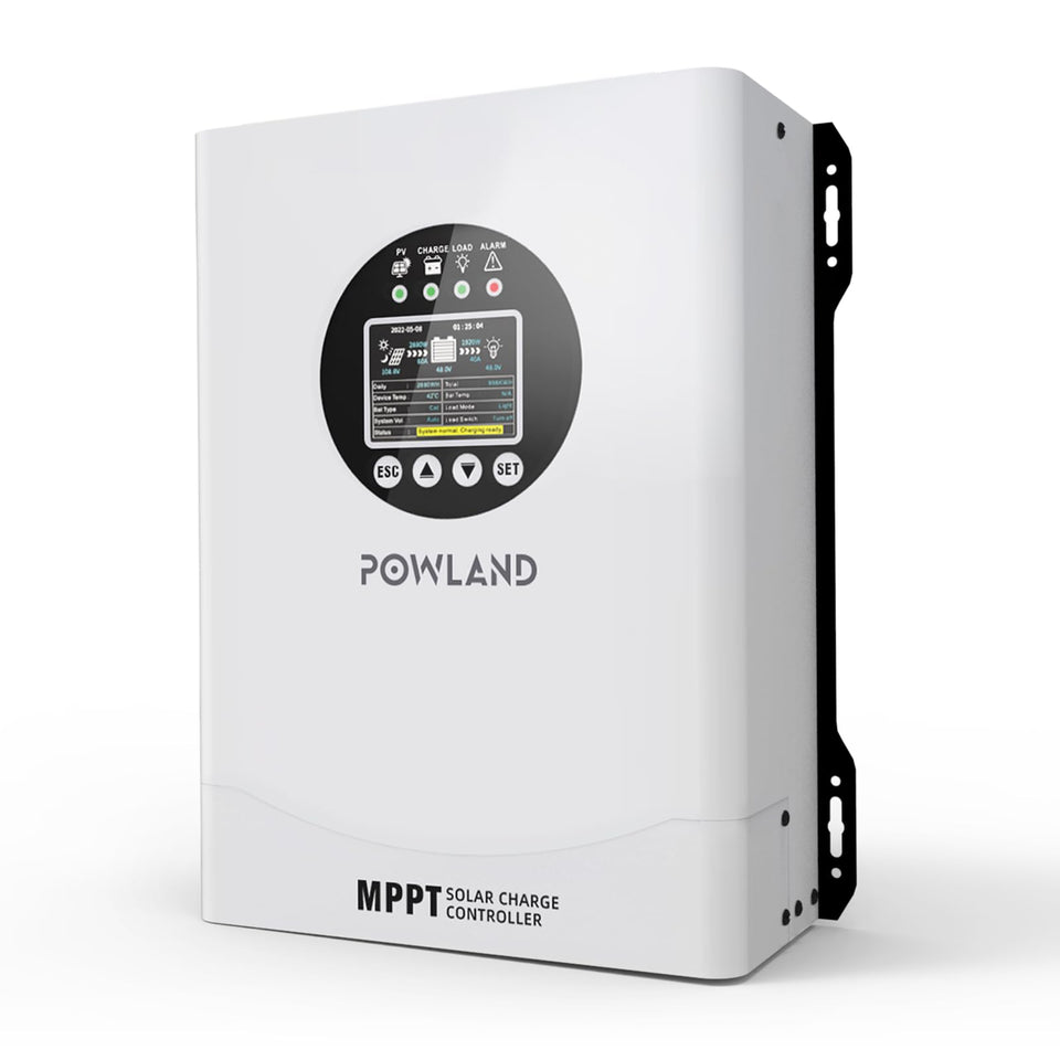 Powland 120A MPPT LCD display shows live PV input and charging status for quick monitoring.