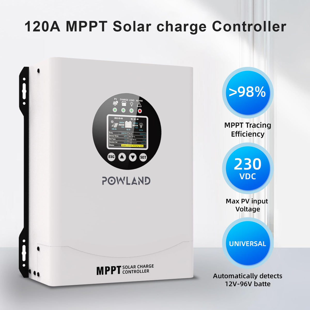 Powland 120A MPPT solar input readout helps optimize energy harvest.