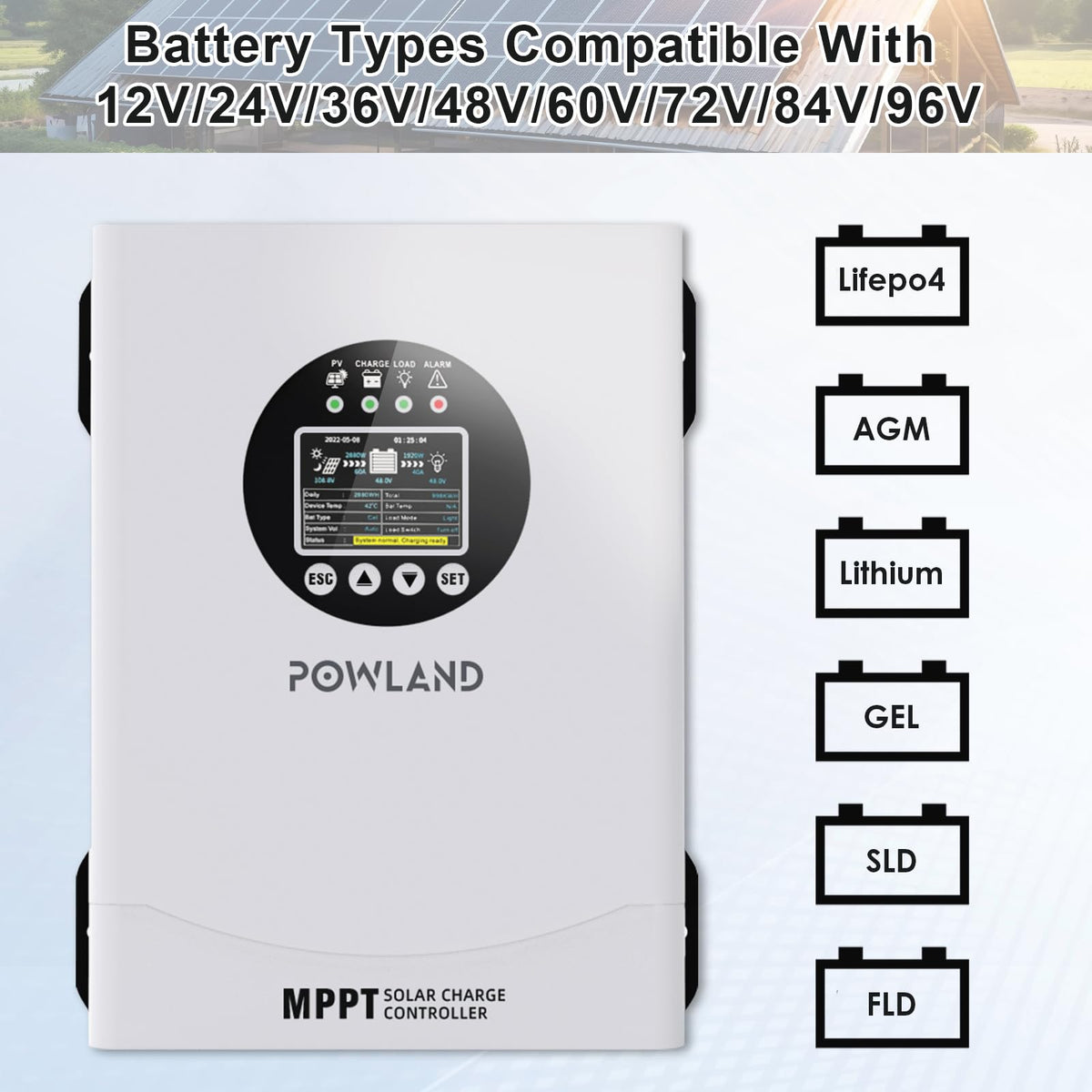 Powland 120A MPPT three-stage charging visualization guides battery health and longevity.