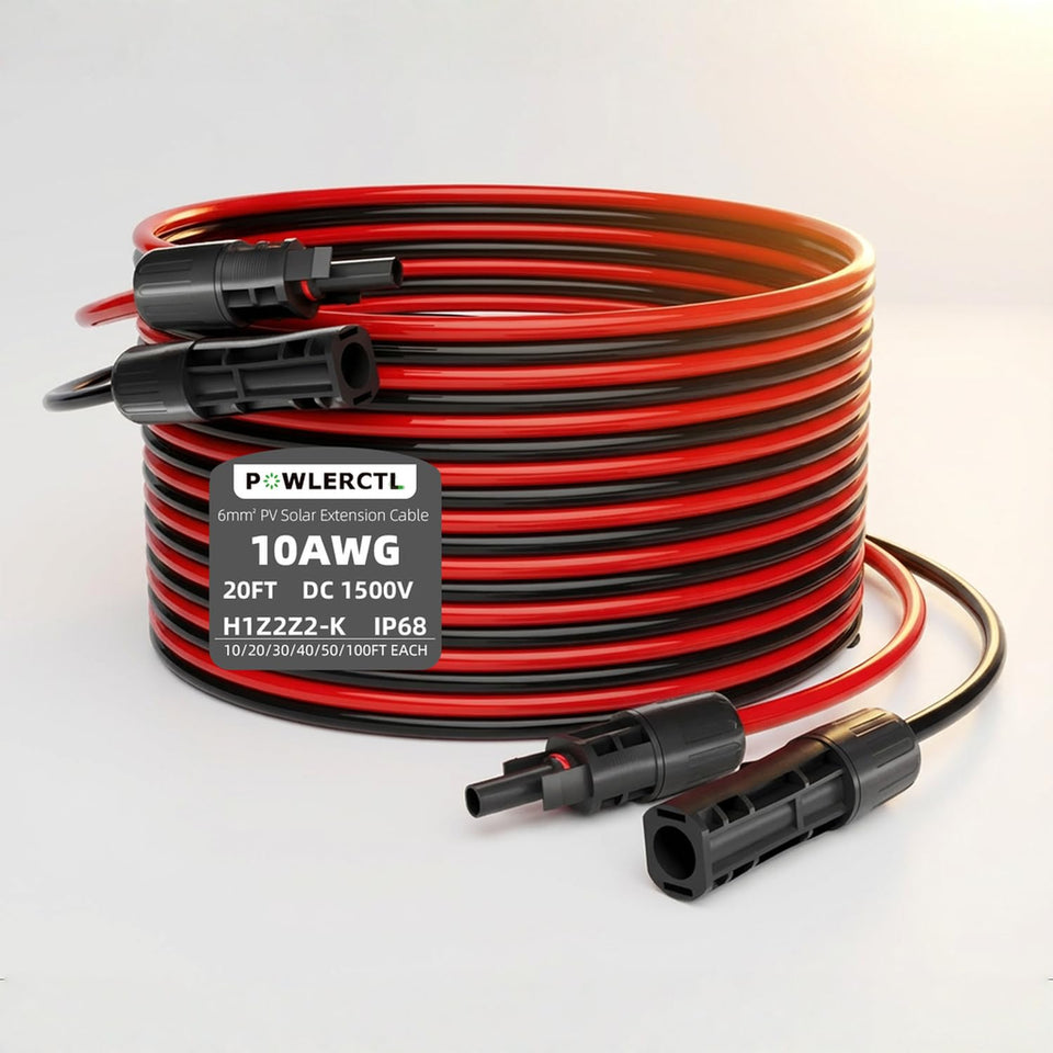 Powlerctl solar extension cable 10 AWG 20 ft, high-conductivity for efficient power transfer.
