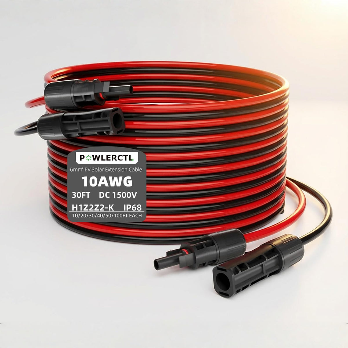 POWLERCTL solar extension cable 30ft close-up, outdoor-ready for RV and boat use.