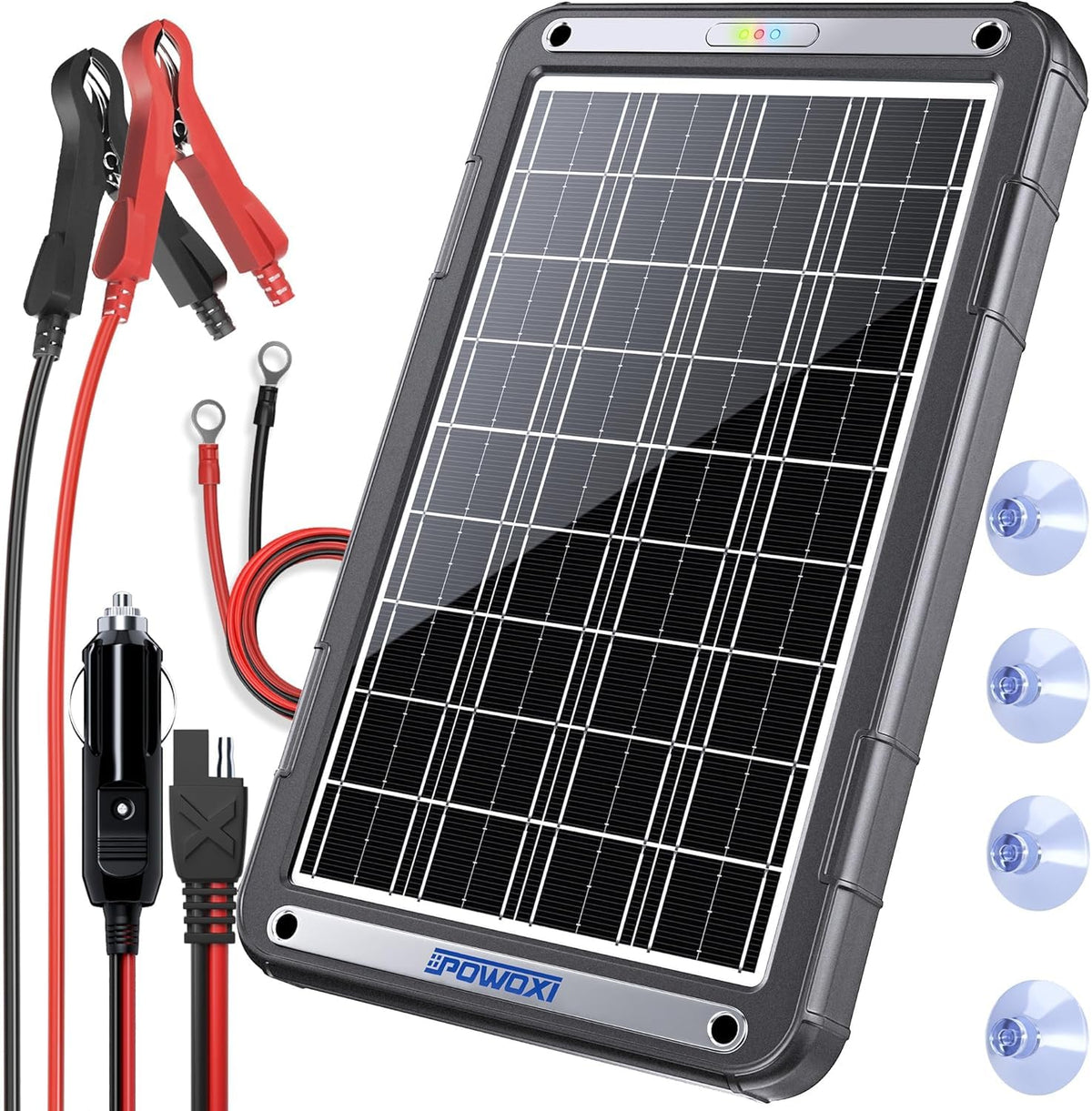 POWOXI 12V solar charger panel provides reliable 15W charging for car batteries.