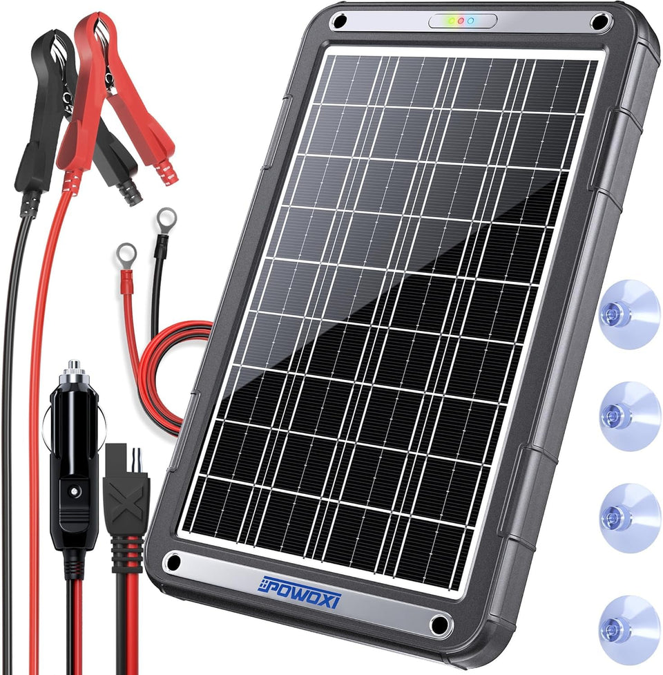 POWOXI 12V solar charger panel provides reliable 15W charging for car batteries.