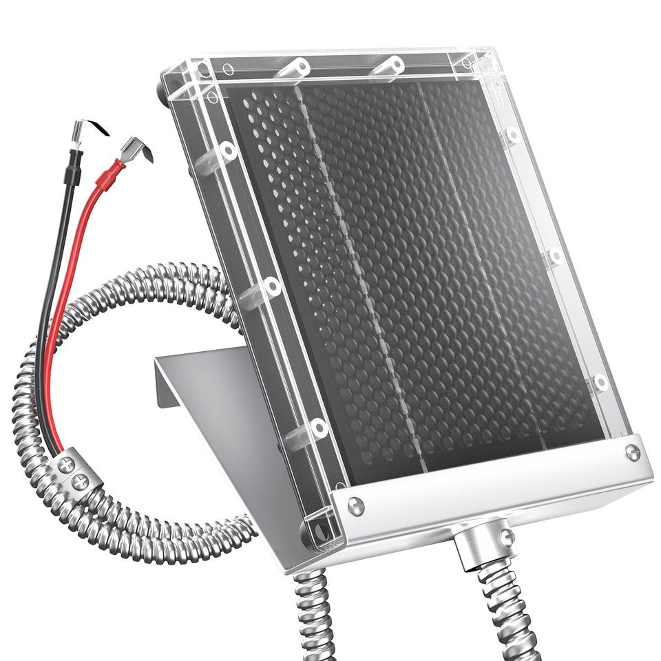 POWOXI 12V solar panel for deer feeder powering outdoor charging.