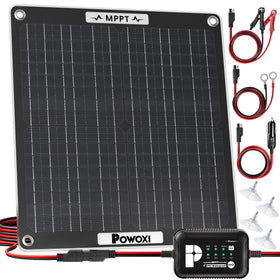 POWOXI 30W solar panel for portable charging of RV, boat, and trailer batteries.
