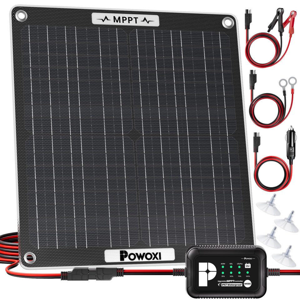 POWOXI 30W solar panel for portable charging of RV, boat, and trailer batteries.