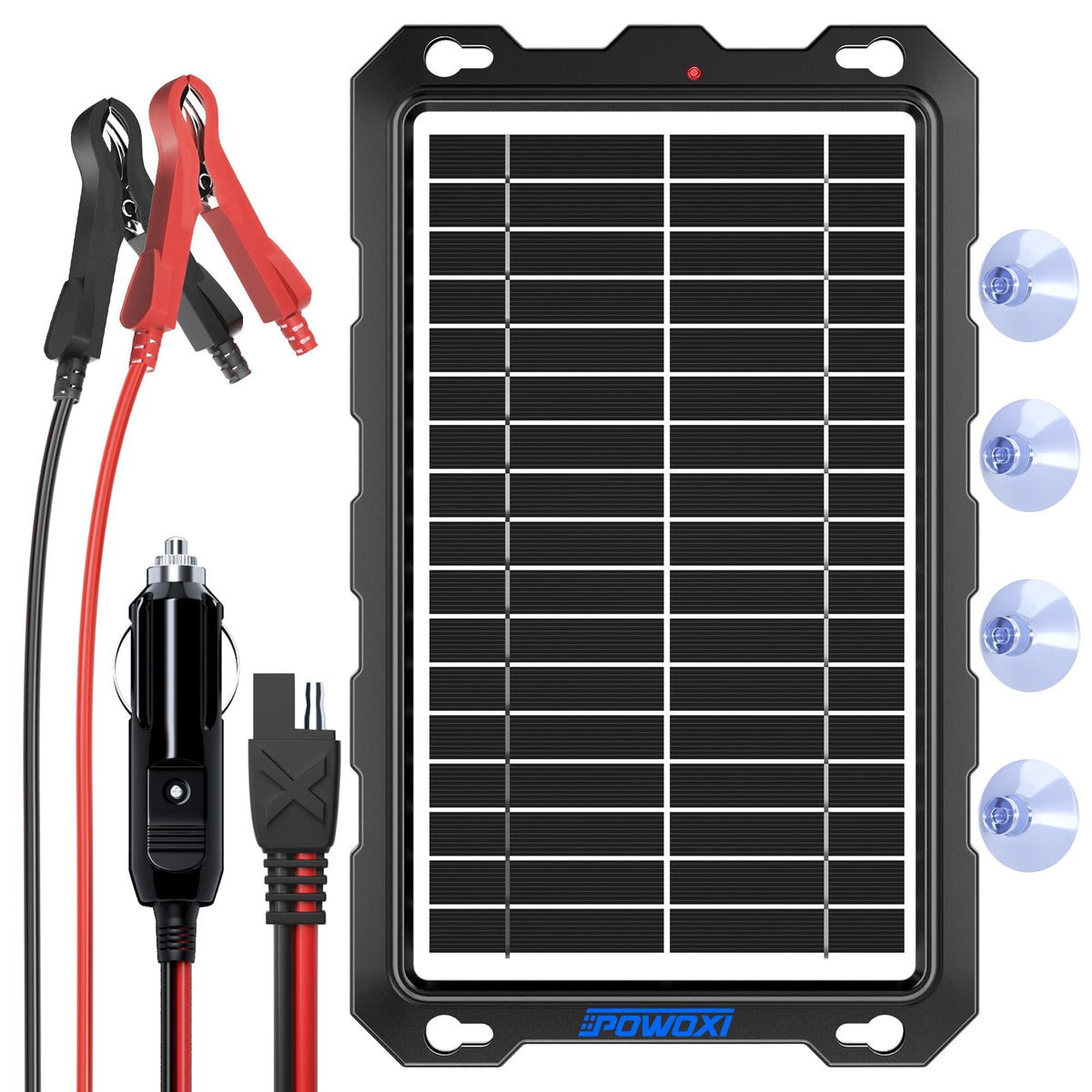 POWOXI 9W solar panel front view for portable 12V charging on the go.