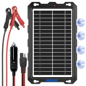 POWOXI 9W solar panel front view for portable 12V charging on the go.