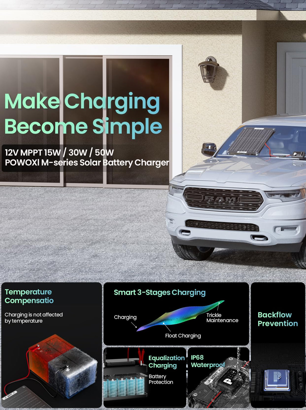 POWOXI battery protection features safeguard 12V batteries during charging.