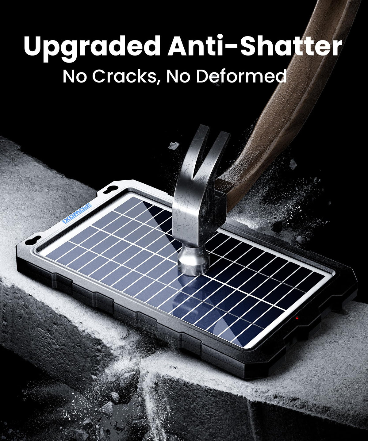POWOXI LED indicators show sunlight and active charging.