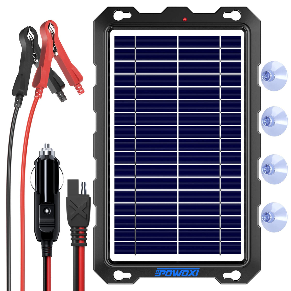 POWOXI upgraded 7-5W solar panel showing compact outdoor charging capability.