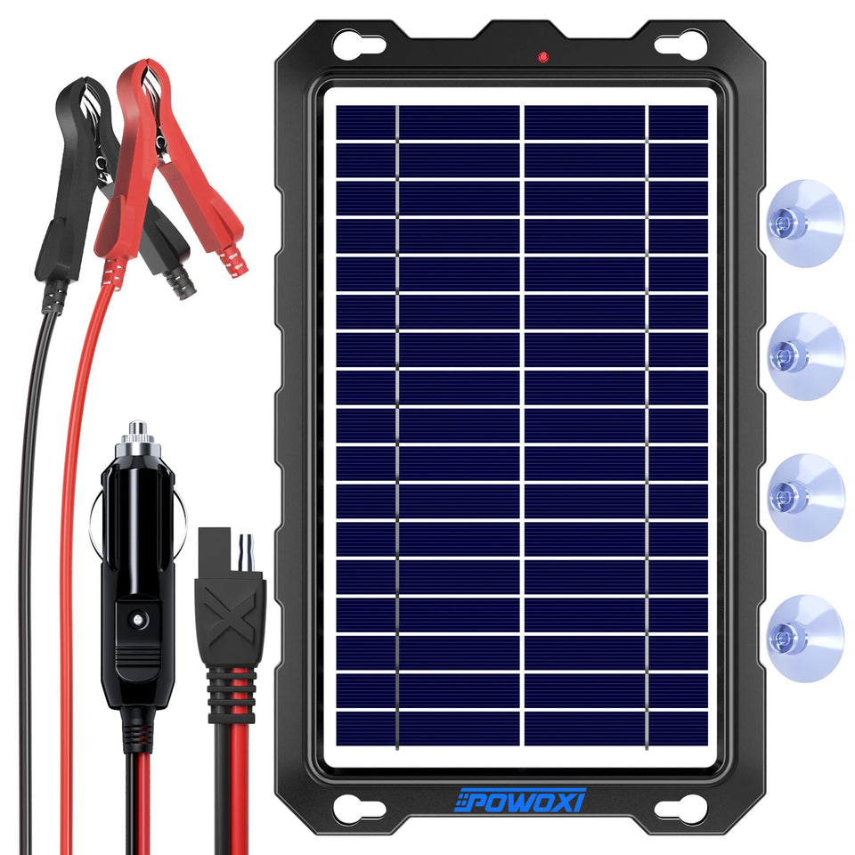 POWOXI upgraded 7-5W solar panel showing compact outdoor charging capability.