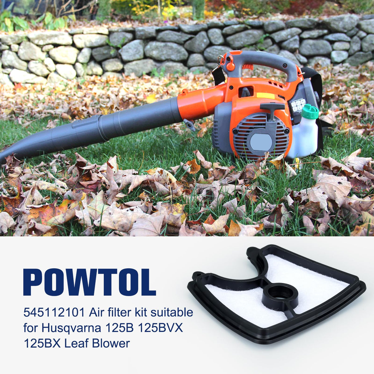 Powtol 125B air-filter kit in-pack image displays two filters and a fuel filter.
