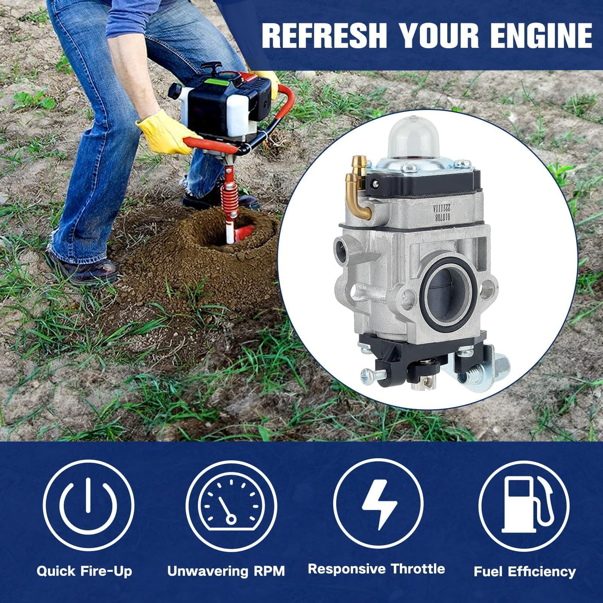 Powtol 300486 carburetor mounted to a tiller engine for easy fitment demonstration.