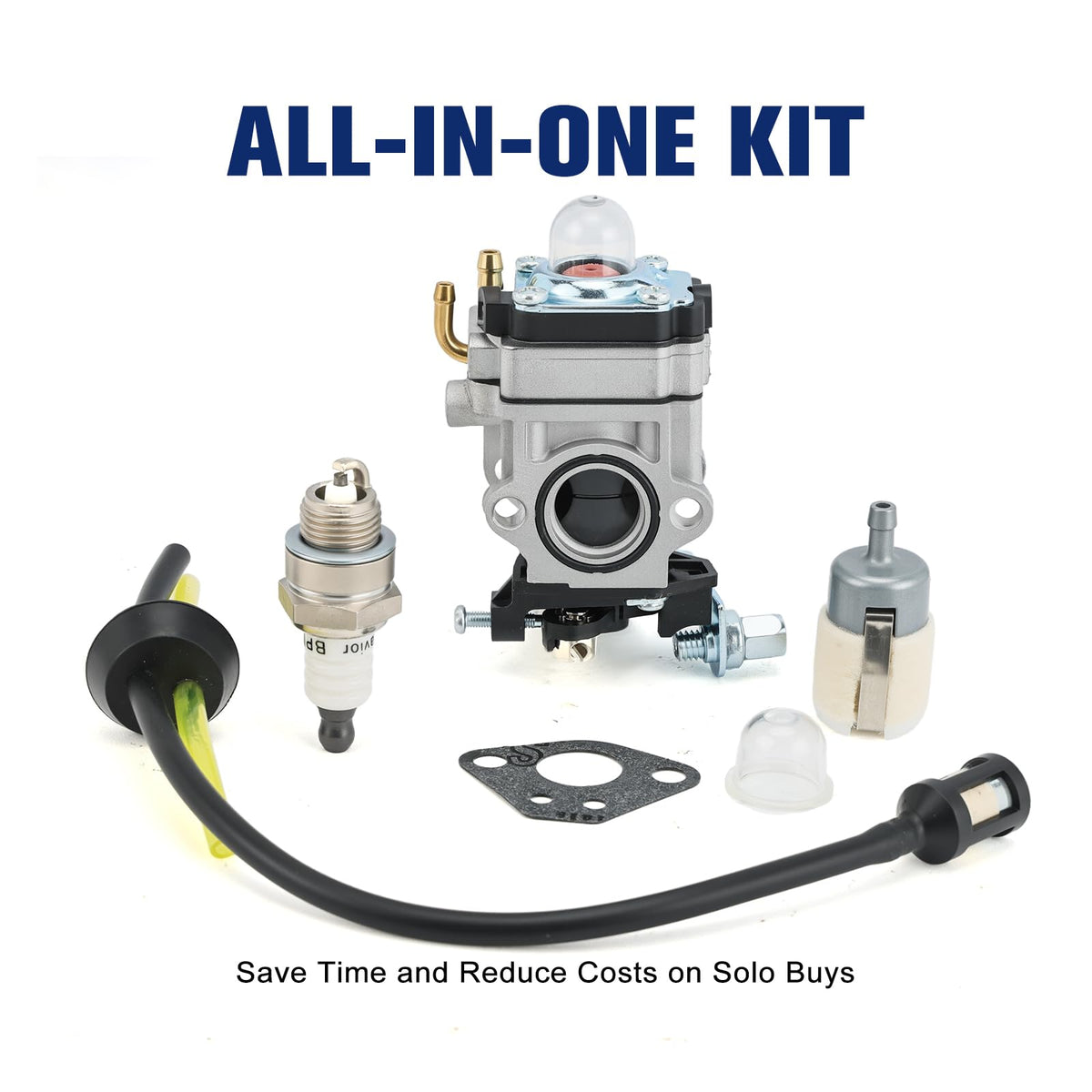 Powtol 300486 carburetor packaging displays included parts for a complete kit.