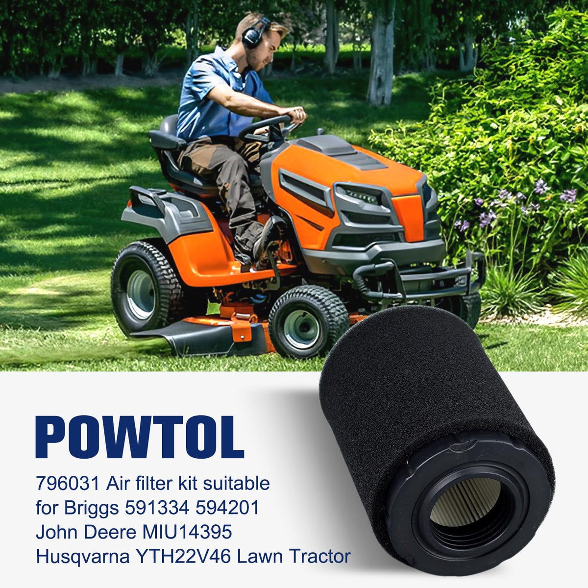 Powtol air filter packaging illustrating included parts and setup