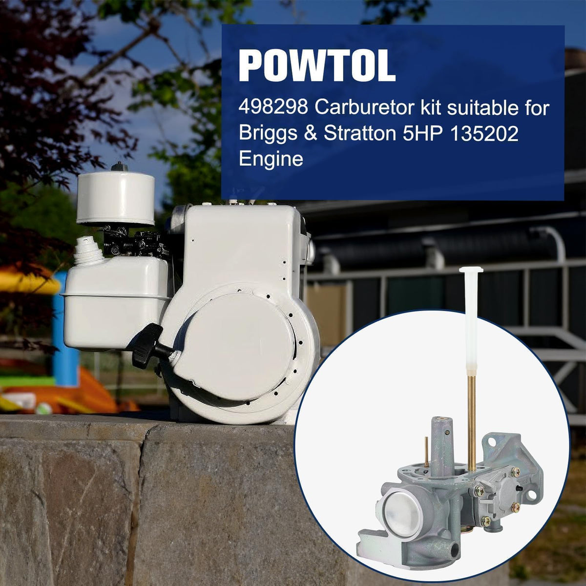 Powtol Briggs-Stratton 5HP fit illustration showing precise mounting alignment for easy installation.