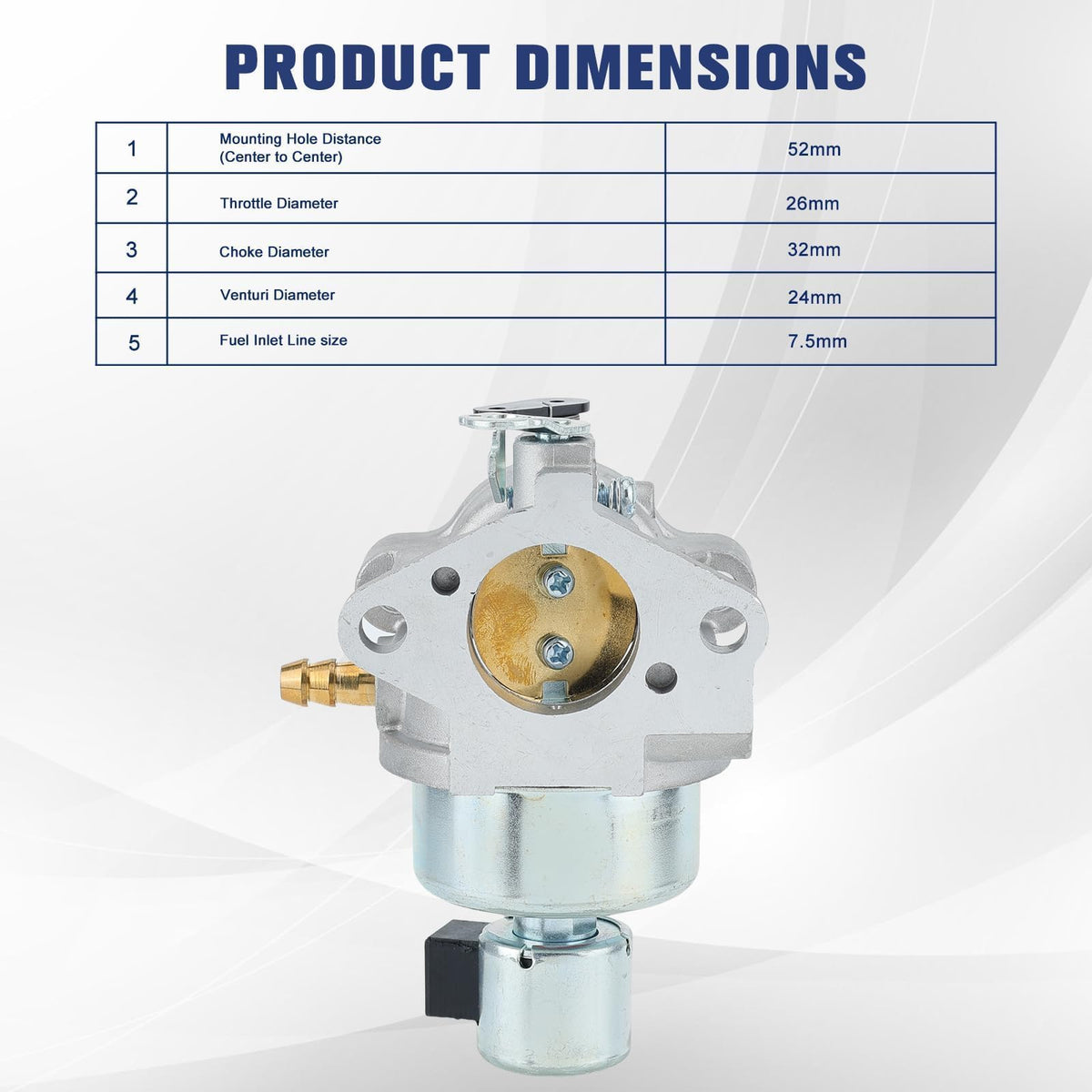 Powtol carburetor dimensions for mounting and throttle alignment.