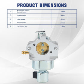 Powtol carburetor dimensions for mounting and throttle alignment.