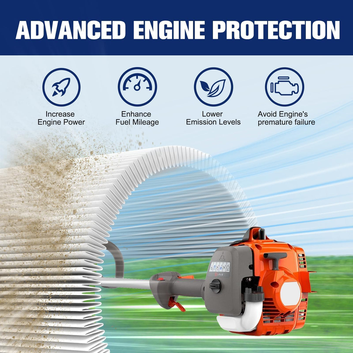 Powtol primer bulb shown for quick, hassle-free starting during tune-ups.