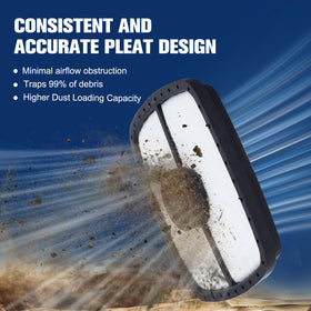 Powtol SRM-225 air filter label displays part numbers and model range for quick checks.