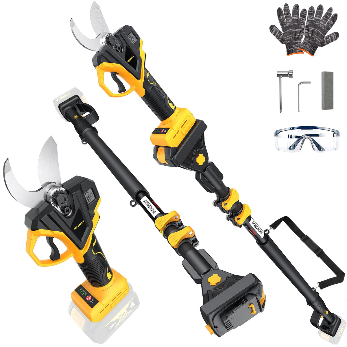 Poxsmuly 2-in-1 pruning shears in handheld mode for precise low-branch trimming.