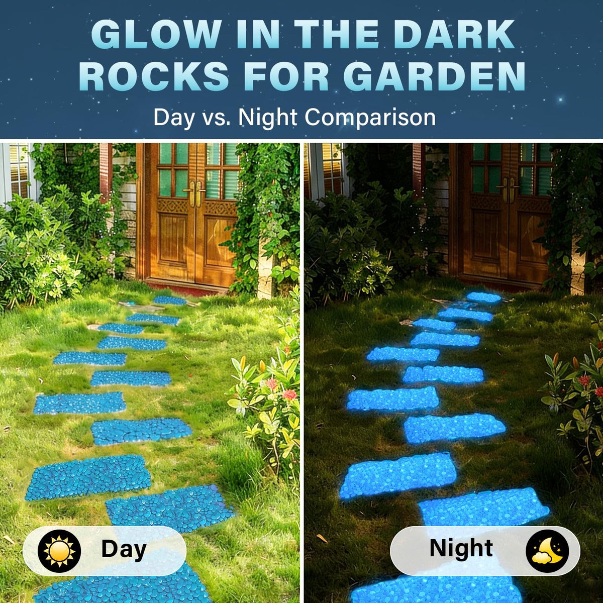 Group of PoYang glow rocks brightening a nighttime garden
