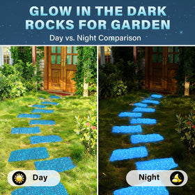 Group of PoYang glow rocks brightening a nighttime garden