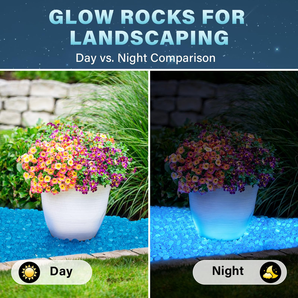 PoYang glow rocks in a planter create a luminous plant display