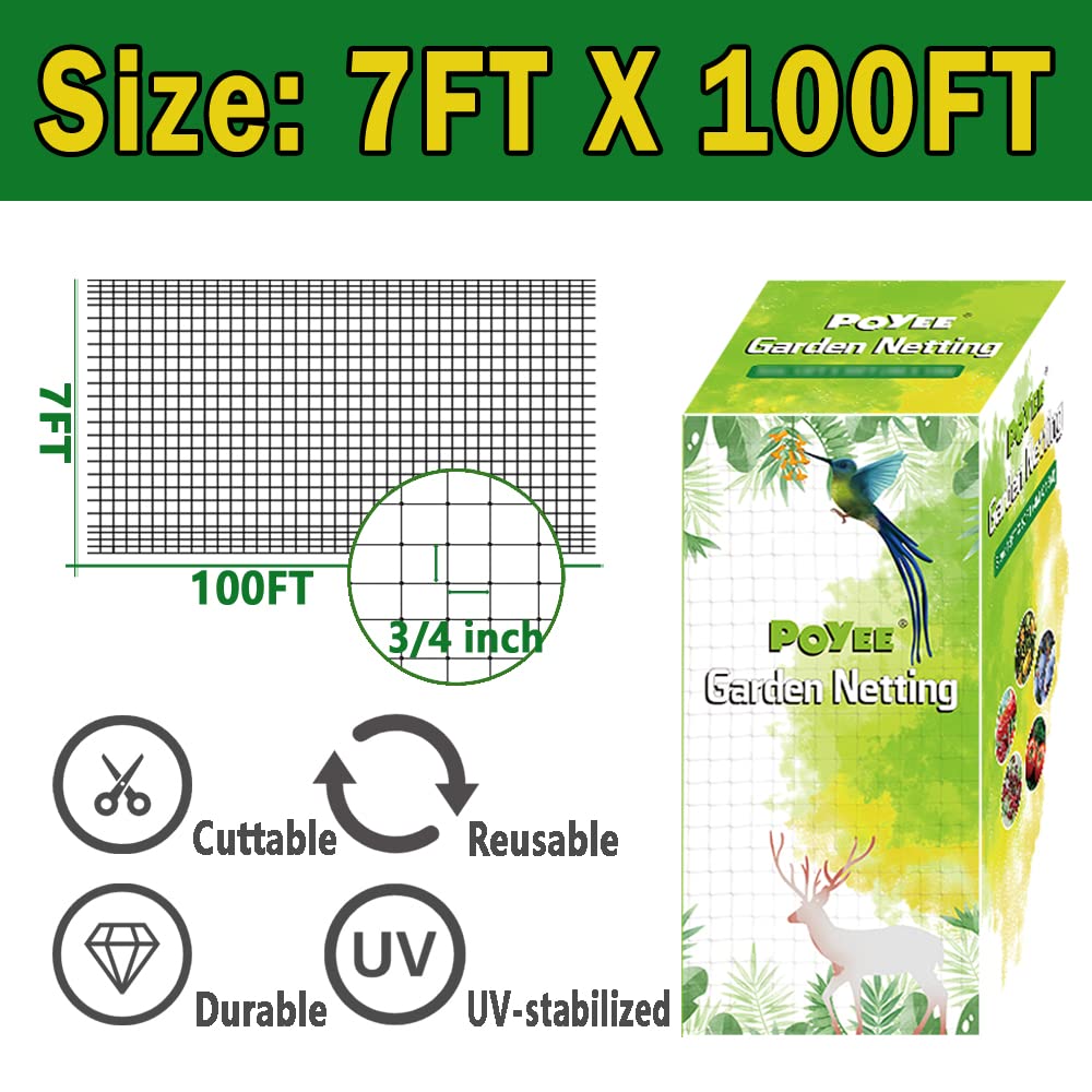 POYEE bird netting close-up shows 3/4 inch mesh safe for wildlife.