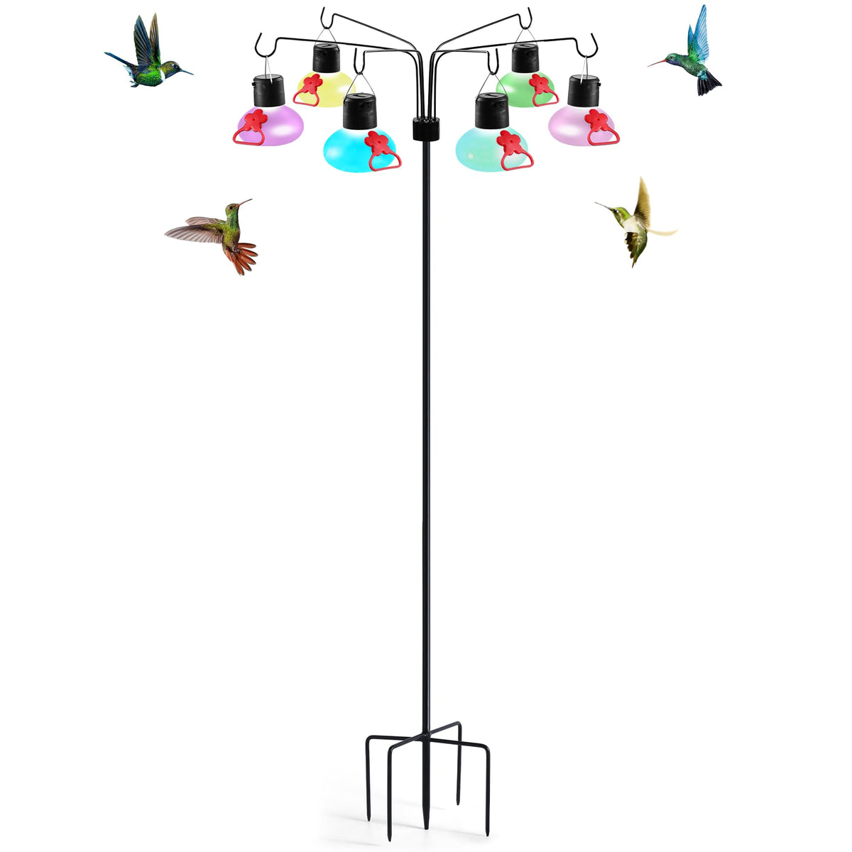 Pozfun solar hummingbird feeder with glass globe and six ports attracts birds to your garden.