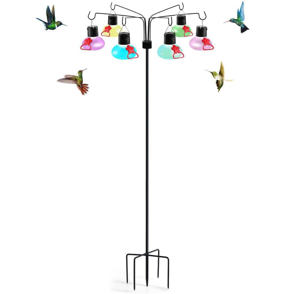 Pozfun solar hummingbird feeder with glass globe and six ports attracts birds to your garden.